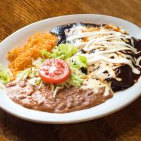 Enchiladas Las Fuentes · 3 rolled corn tortilla with 1 choice of ground beef, shredded chicken, chorizo or chihuahua ...