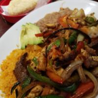 Las Fuentes Fajitas · Seasoned Chicken, Steak, or Shrimp Slices sauteed with chile poblano, red and green bell pep...