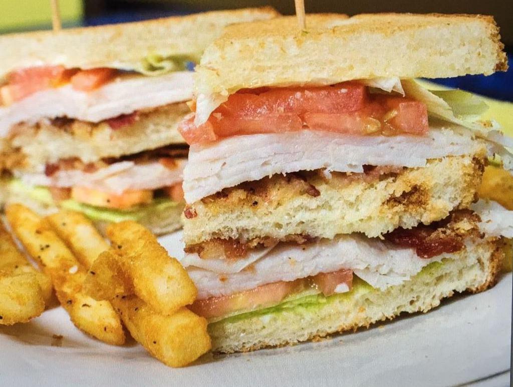 The Runnin BLT Sandwich · Applewood bacon, piled high with lettuce, fresh tomato, red onion, mayo, your choice of ham, turkey and chicken on 3 layers of toasted white or wheat bread.