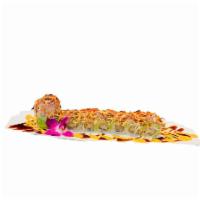 Summer Roll · Tempura shrimp and yellowtail inside with avocado, kani and tobiko on top with special sauce.