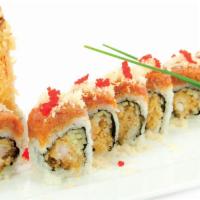 Hana Roll · Shrimp tempura and avocado on the inside and spicy tuna and tobiko on the outside.(with tobi...