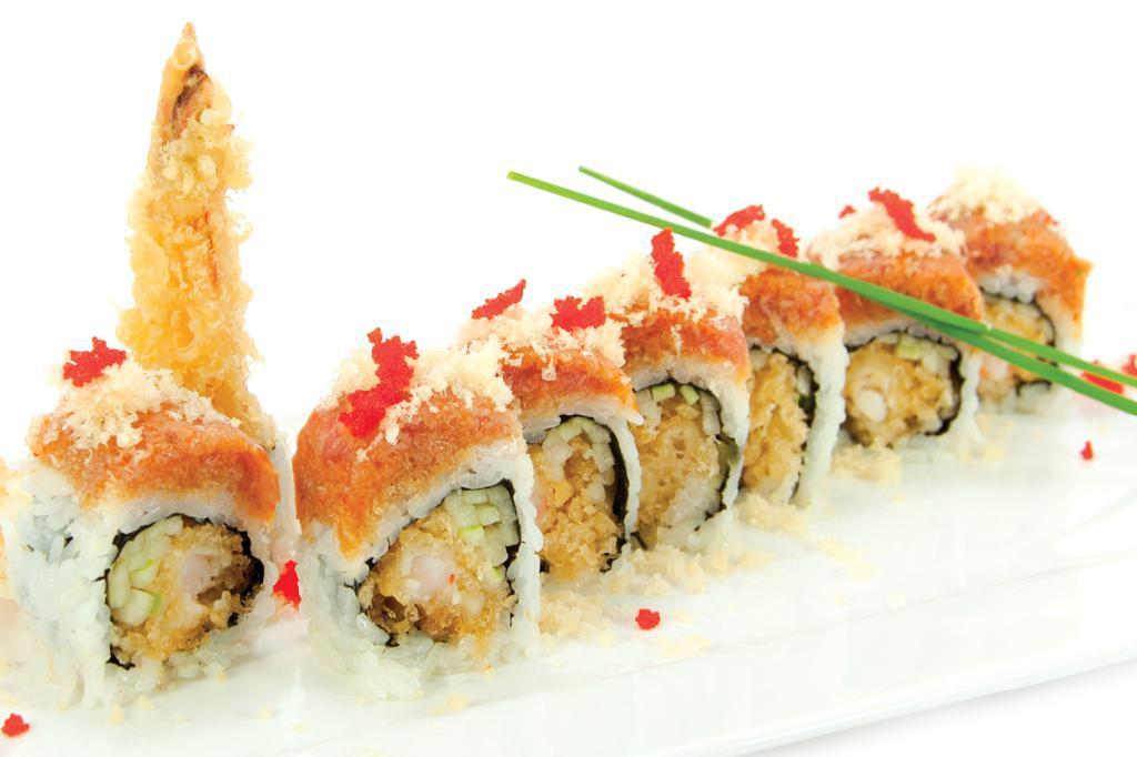 Hana Roll · Shrimp tempura and avocado on the inside and spicy tuna and tobiko on the outside.(with tobiko )