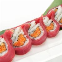 Valentine Roll · Spicy tuna and avocado on the inside and fresh tuna on the outside.