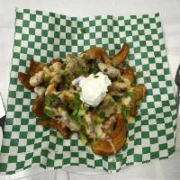 Sidewinder Cheese Fries · Crispy fries smothered in cheese mix with bacon, sour cream and chives.