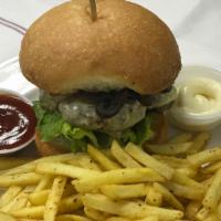 Mushroom and Swiss Burger · Grilled per your liking with sauteed mushrooms and Swiss cheese. All burgers are 8 oz. black...