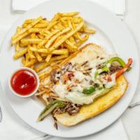 Philly Cheesesteak · Sliced sirloin, bell peppers and onions with provolone cheese.
