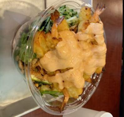 3. Shrimp Tempura · Shrimp tempura, spring mix, served with avocado, crab salad, cucumber, grilled asparagus, and drizzled in spicy mayo and ponzu with rice.