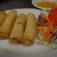 4 Pieces Thai Egg Rolls · Clear glass noodles and vegetables rolled up, deep fried, and served with plum sauce.