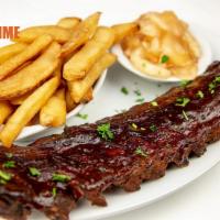 Baby Back BBQ Ribs · Full rack, hickory smoked with our own BBQ sauce, served with cinnamon apples.