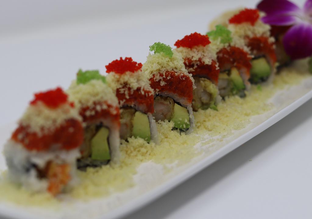 W243. Hawaiian Roll · Shrimp tempura and avocado with spicy tuna, crunchy and tobiko on top.