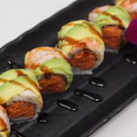 W248. Tiger Skin Roll · Spicy scallop inside with shrimp and avocado on top.