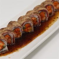 W253. Rising Sun Roll · Spicy shrimp and cucumber inside and seared tuna on top.