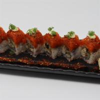 Red Beach Roll · Eel, Avocado, cucumber inside with spicy salmon, scallion, chili pepper and eel sauce on the...