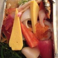 W265. Chirashi · Assorted raw fish over seasoned sushi rice. Served with choice of side.