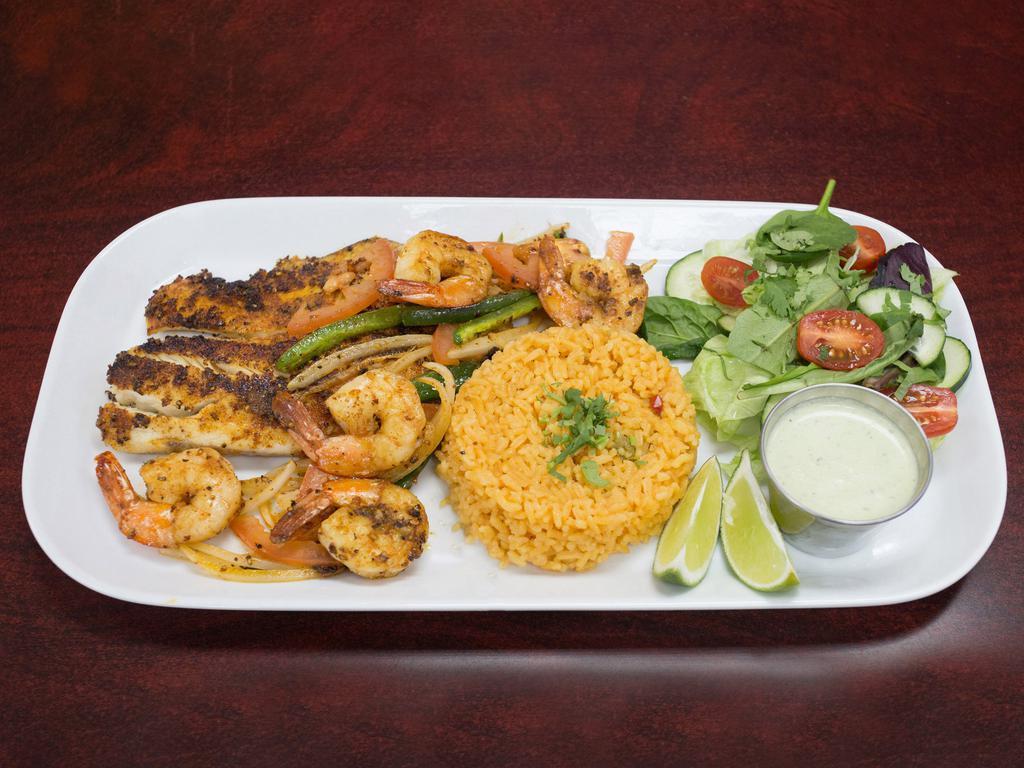Fish and Shrimp a la Veracruzana · On the grill. Grilled onions, peppers, and tomatoes seasoned with our own blended spices. Served over a bed of rice and surrounded by a fresh garden salad garnished with avocado and sliced radishes.