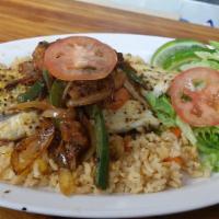 Tilapia Fillet · Choice of either blackened or spicy mango sauce tilapia fillet served on a bed of rice and s...