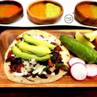 El Cabron · Delicious original taco made with beef, pork, chorizo, grilled onions, grilled bell peppers,...