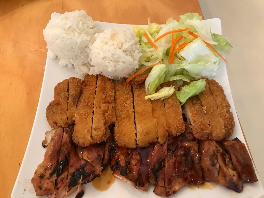 Chicken and Kastu Teriyaki Combo · The best of both worlds. Our 100% fresh chicken plus our perfectly fried golden coated chicken katsu topped off with our delicious house teriyaki sauce and served with katsu sauce. Served with your choice of either jasmine rice or brown rice as well as steamed veggies.