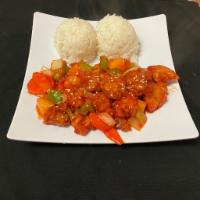 Sweet and Sour Shrimp · Sweet and sour shrimp served with steamed veggies and jasmine rice.
