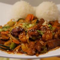 Mongolian Chicken or tofu · Mongolian chicken and tofu served with steamed veggies and jasmine rice.
