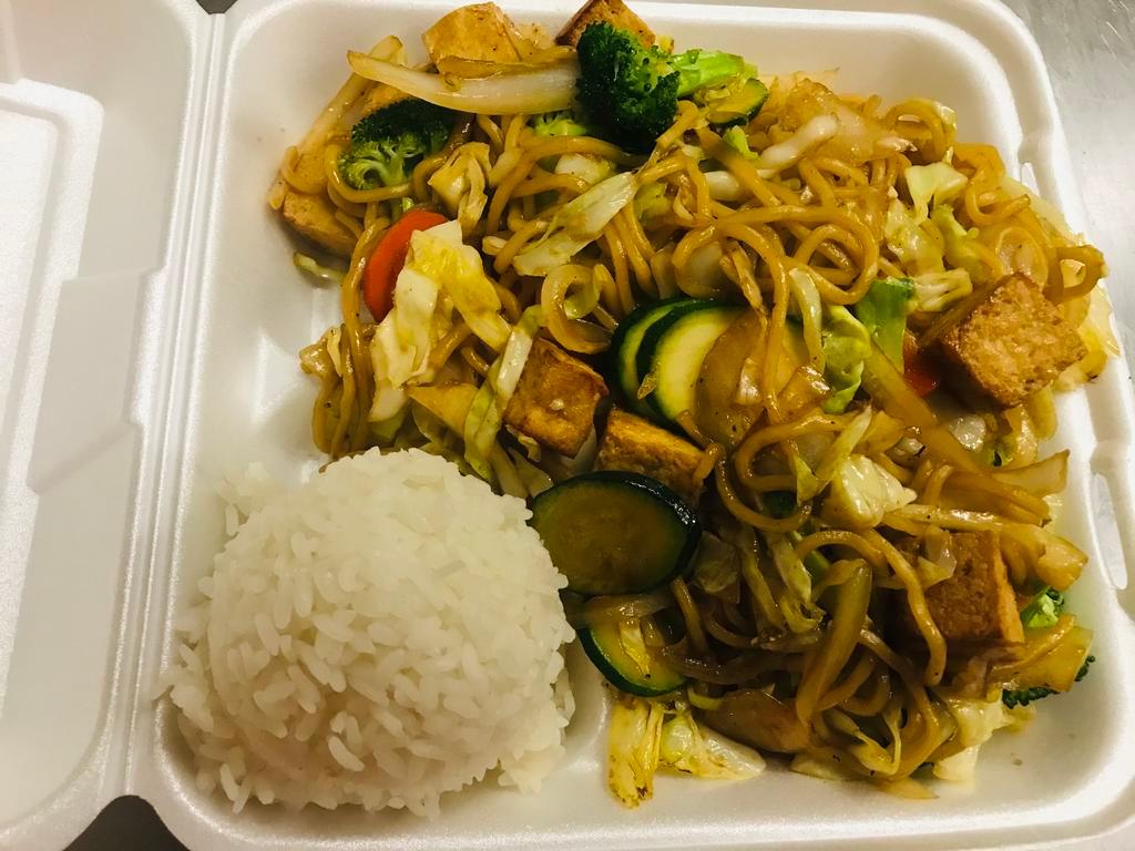 Tofu Yakisoba · For the vegetarians! Stir fried to perfection with yakisoba noodles, mixed fresh vegetables, tofu and our house noodle sauce. Served with jasmine rice.
