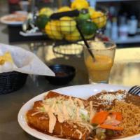 3 Enchiladas · Mexican 3 cheese blend wrapped in fresh corn tortillas, topped with red enchilada sauce and ...