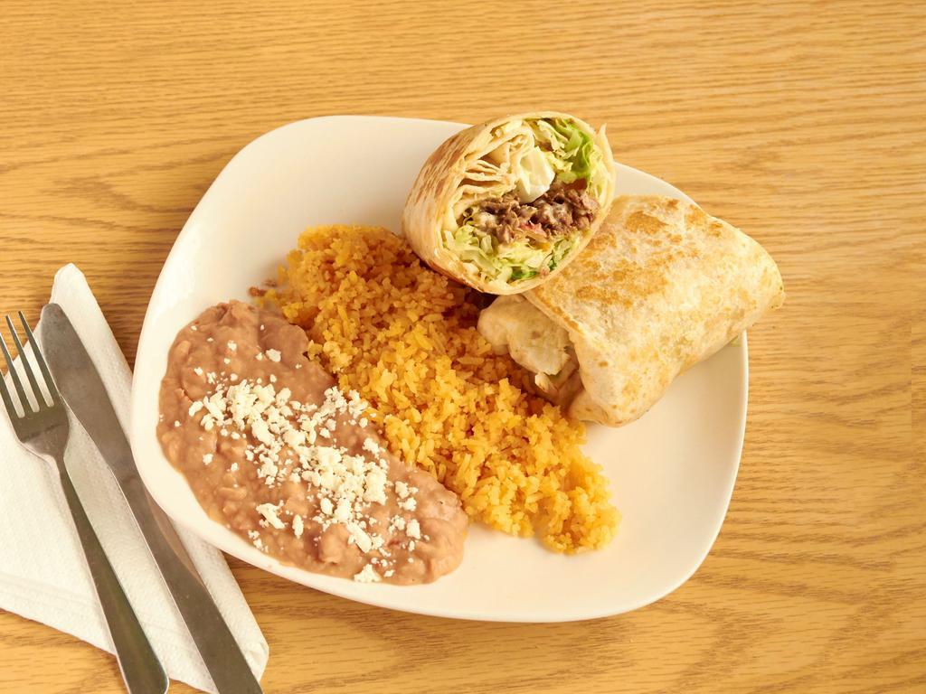 Burrito Dinner · Topped with beans, cheese, sour cream, lettuce, tomato and avocado. Accompanied with beans and rice on the side