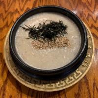전복삼계죽 / Abalone Chicken Porridge · Served with 2 side dishes.