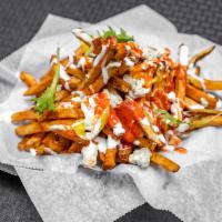 Red Hot Fries · Hot finger peppers, pepperoncini, frank's red hot, blue cheese, and herbs.
