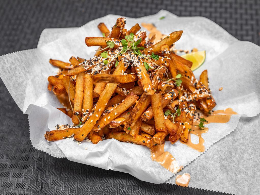 Sesame  Fries · Toasted sesame seeds, spicy ponzu mayo sauce, and scallions.
