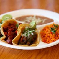 1. Mexican Street Taco Platter Combo · Three tacos. Served with rice and beans.