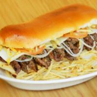 Sarussi Churrasco Sandwich  · Churrasco steak, mozzarella cheese, onions, tomatoes, potato sticks and house sauce. Sandwic...