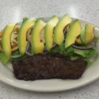 Churrasco Avocado Salad · Grilled skirt steak, fresh romaine lettuce, onions, tomatoes and avocados. Served with olive...