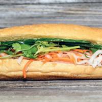 B7. Pate Banh Mi · Only veggies, served with pickled daikon and carrots, butter, pate, cucumber, cilantro, gree...