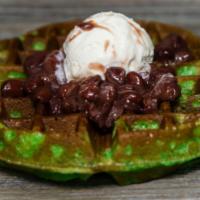 Pandan Waffle · Crispy on the outside, and chewy like mochi on the inside. So. Yummy. Served without ice cre...