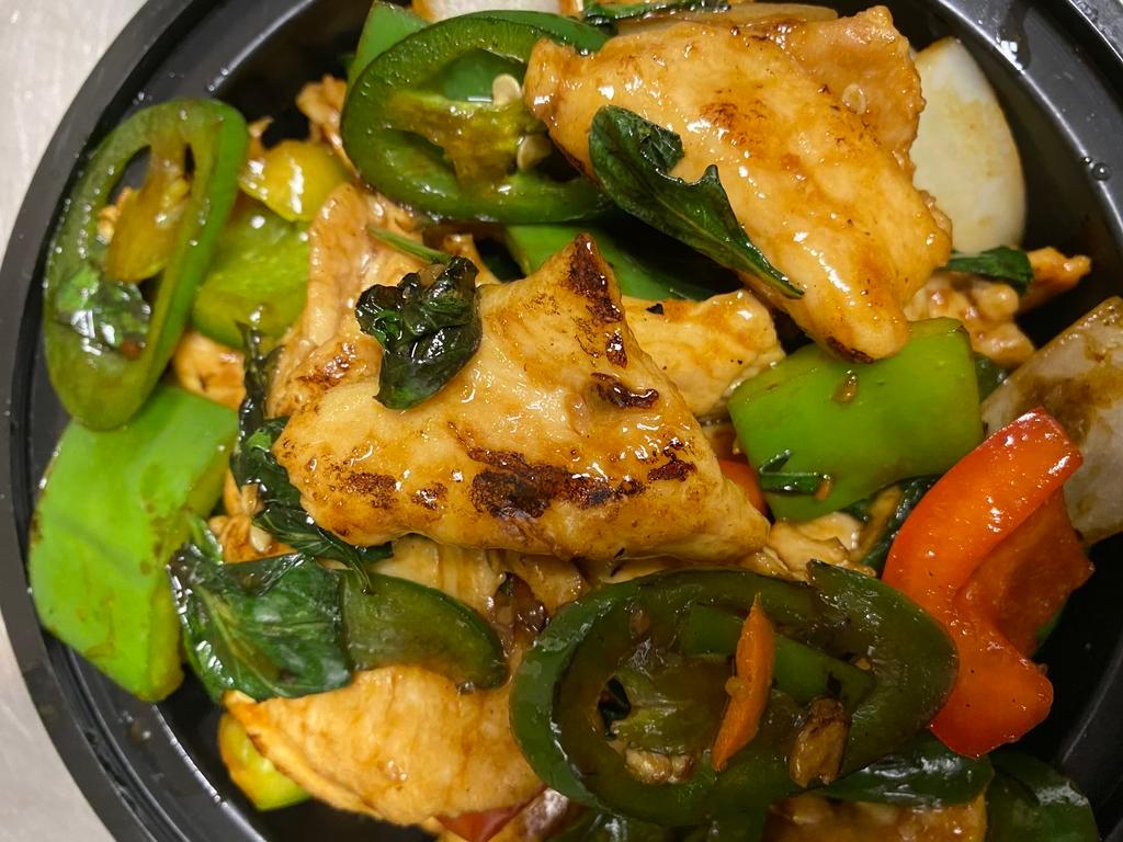 Basil Chicken · Jalapeno, bell pepper, onion, basil. Spicy.