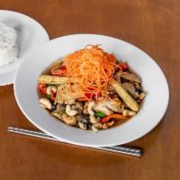 Cashew Chicken · Chicken with roasted cashews, onion garlic, chilies, mushrooms and bell peppers.