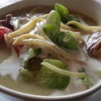 Green Curry · Chicken or beef simmered with bamboo shoots, bell peppers, onions and egg plants.  Spicy.