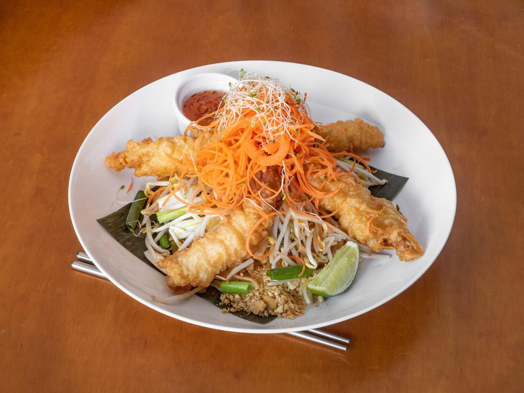 Pad Thai Shrimp Tempura · Traditional thai noodles, green onions, bean sprouts and crushed peanuts with shrimp and chicken.