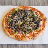 House Special Pizza · Red sauce, mozzarella, pepperoni, sausage, red onions, olives, mushrooms, and bell peppers.