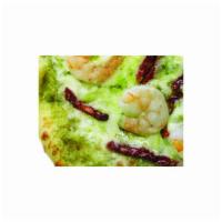 Pesto Shrimp Pizza · Pesto sauce, mozzarella, shrimp, and sun-dried tomatoes.
