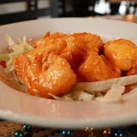Bayou Bang Shrimp  · Flash-fried shrimp tossed in a creamy, spicy sweet tai chili Sriracha aioli on crisp, fresh ...