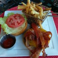 Applewood Bacon Cheeseburger · Angus burger, applewood bacon, Vermont white cheddar, Canadian cheddar, tomato and crispy le...