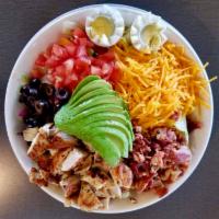 Chicken Salad · grilled or fried, cheese, hard boiled eggs, diced tomato, bacon bits and avocado