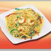 41. Singapore Style Mei Fun · Thin skinny rice noodle. Hot and Spicy.CURRY FLAVOR Mixed with ck,pork,shrimp,egg