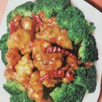 6. General Tso's Chicken · Chunks chicken lightly tried with golden sauce. Served with white rice.  Hot and spicy.