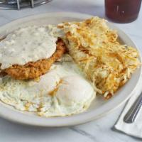 Chicken Fried Steak and Eggs · 2 eggs, steak and gravy. Served with toast and choice of side. 