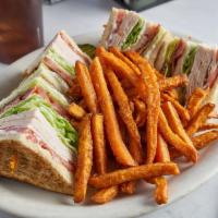 Turkey, Bacon, Lettuce and Tomato Triple Decker Sandwich · Served with coleslaw, potato salad, fries or cottage cheese and 3 slices of bread.