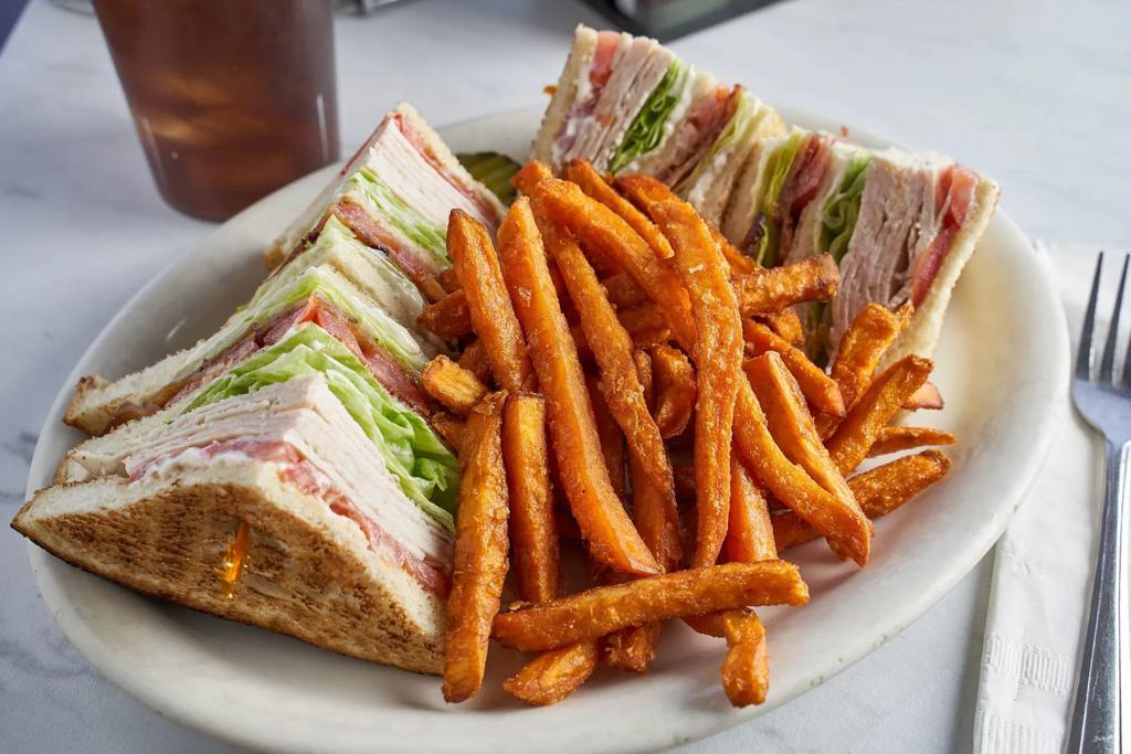 Turkey, Bacon, Lettuce and Tomato Triple Decker Sandwich · Served with coleslaw, potato salad, fries or cottage cheese and 3 slices of bread.