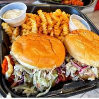 Combo 1 · 2 hot chicken sliders with slaw, pickles and fries.